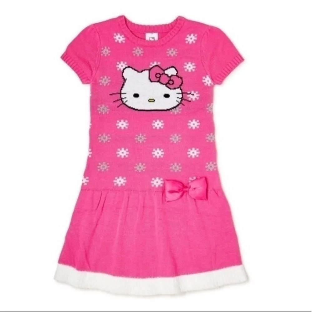 Hello Kitty Girls Pink Sweater Dress Long Sleeve Knee Length Size 7-8 NWT